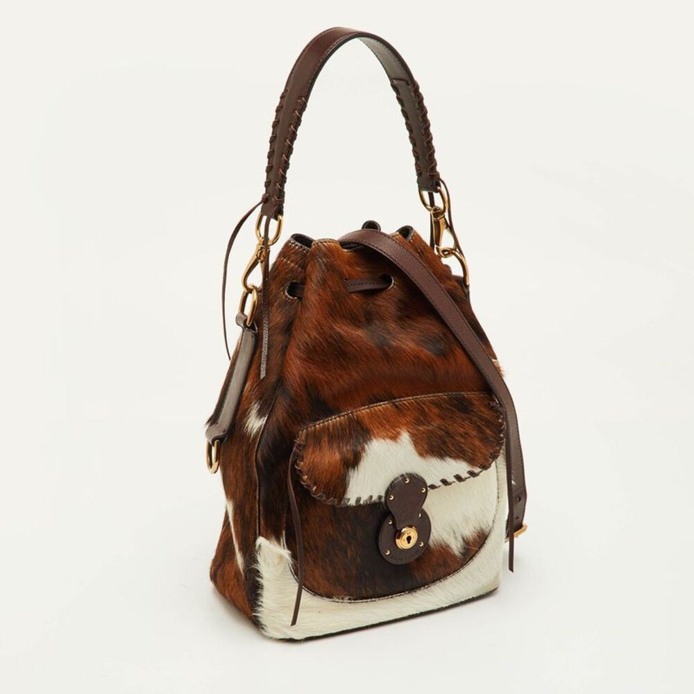 Ralph Lauren Ricky Brown Animal Print Calf Hair And Leather Drawstring Bucket - Picture 3 of 7
